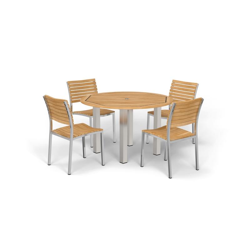 alt="70438 Vogue Dining Set for 4 of Vogue Teak and Stainless Steel 48 inch Round Dining Table and 4 Vogue Side Dining Chairs in angled top view on white background"