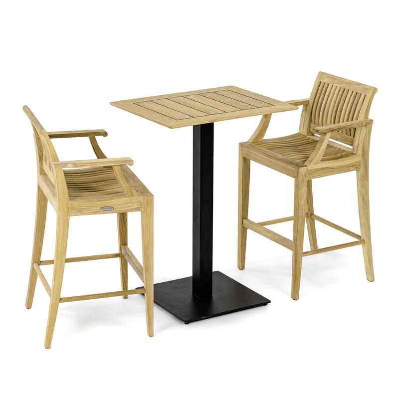 alt="70642  Laguna Barstool 3pc Teak Bar Set of Rectangular Teak Table Top on Black Gar Base and 2 Laguna Barstools angled aerial view on white background"