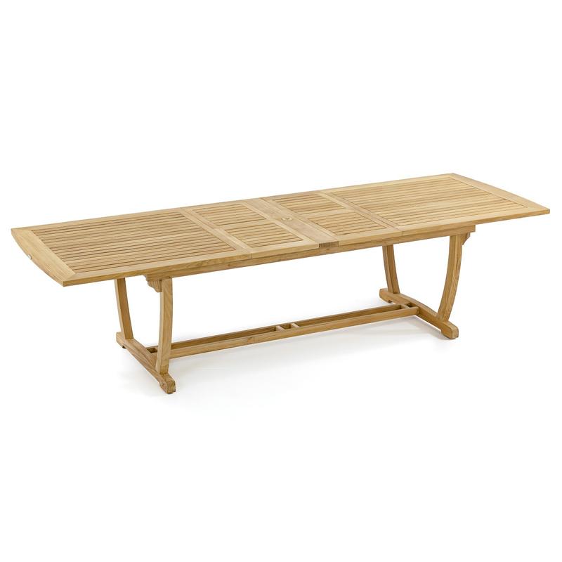 alt="70300 Grand Laguna teak rectangular table with double butterfly leaf extension fully opened angled on white background"
