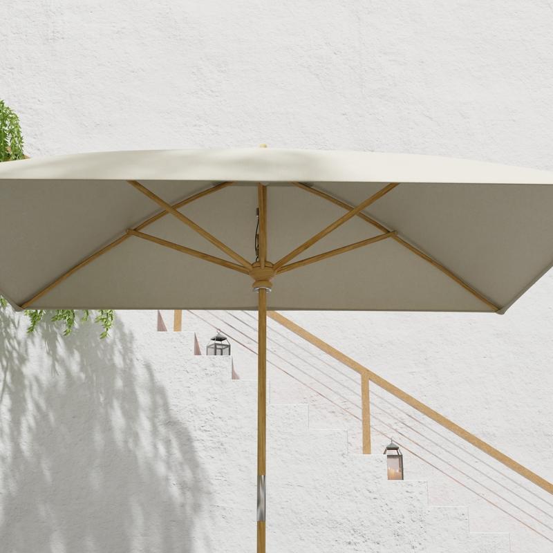 alt="17640F Grand 10 feet Rectangular teak Umbrella with white canvas canopy extended in angled side view with staircase in the background "