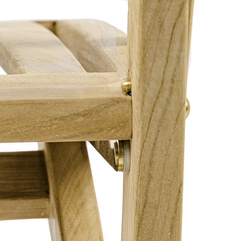 alt="12602S Barbuda teak Folding Arm Chair showing closeup of rear lock latching mechanism on white background"