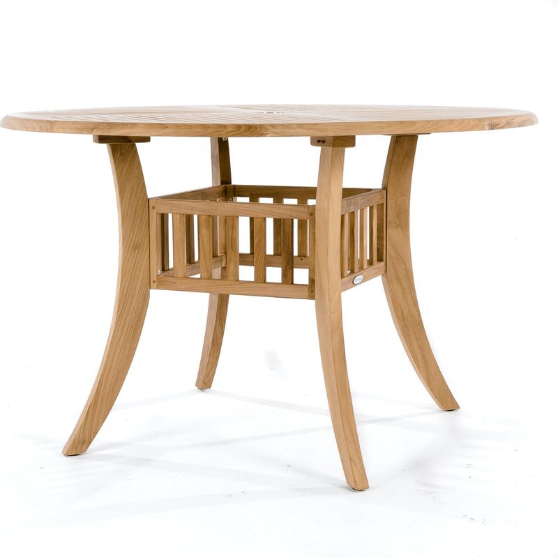 alt="70045 Hyatt Recliner round 48 inch diameter teak dining table side profile view on white background"
