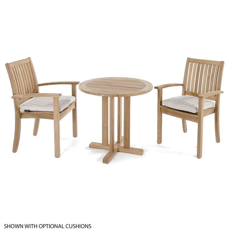 alt="70296 Sussex 3 piece Teak Bistro Set with optional cushions on chairs on white background"