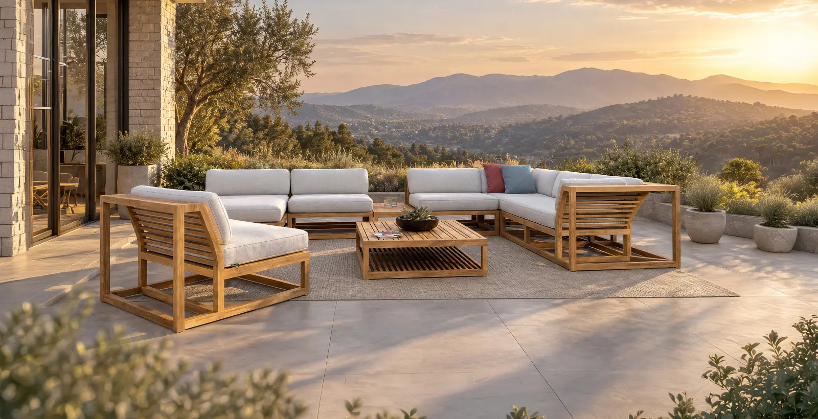Teak outdoor sectional sofa and lounge chair with gray cushions and a slatted teak coffee table on a mountain-view terrace