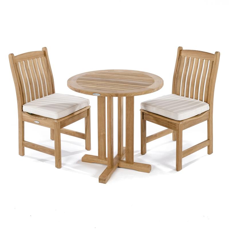 alt="70655 Veranda 3 piece Teak Bistro Set with optional cushions on chairs on white background"