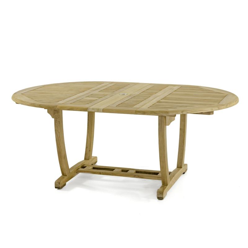 alt="70266 Martinique Sussex teak extension table shown with double butterfly leaves extended angled aerial view of table top on white background"