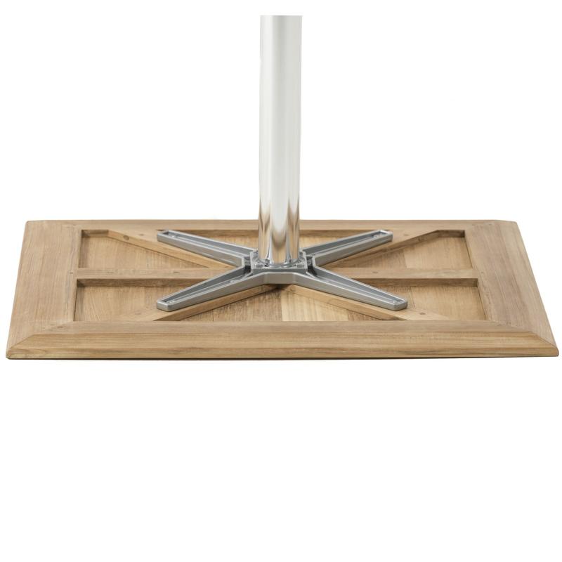 alt="70668 Vogue teak table upside down showing stainless steel table base on white background"