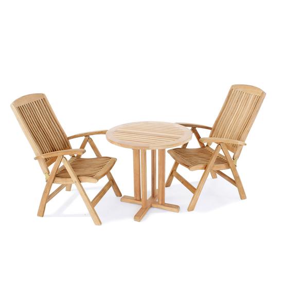 70297 Reclining Teak 3 pc  Bistro Set of Teak 30 inch Round Table and 2 Barbuda Folding Chairs angled side view on white background