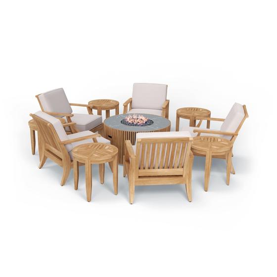 70784 Agora Fire Table Laguna 11 pc Set  of 5 Laguna Chairs and 5 Side Tales around a  Agora Fire Table in side view on white background