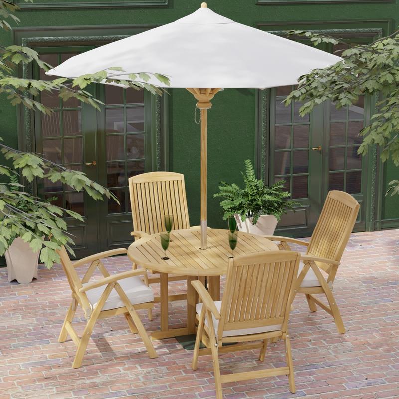 alt=" 70028 Barbuda Reclining 5 pc Teak Set in angled aerial view with optional seat cushions and umbrella on brick patio with house and landscaping plants in background"