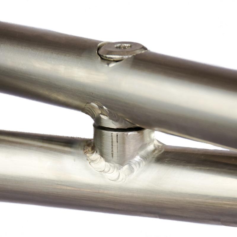 alt="25815 Odyssey stainless steel support base for table top close up view on white background"