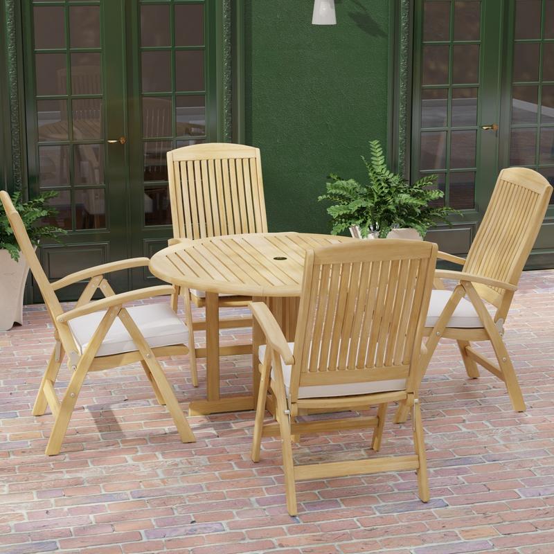alt=" 70028 Barbuda Reclining 5 pc Teak Set in angled top view with optional seat cushions on brick patio with house and potted plants in background"
