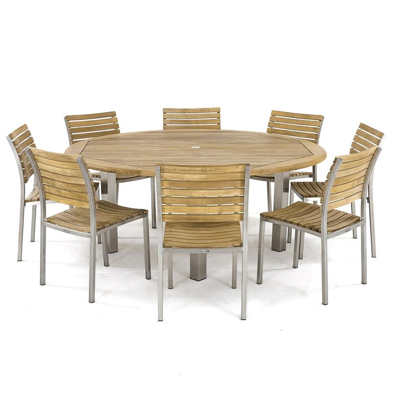 alt="25015 Vogue teak and stainless steel 6 foot Round Table with Vogue Teak Dining Set for 8 angled side view on white background"