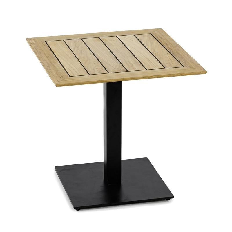 alt="15763 Vogue Teak 32 inch Square Table on the 28 inch Dining height Black Steel Table Base angled top view on white background"