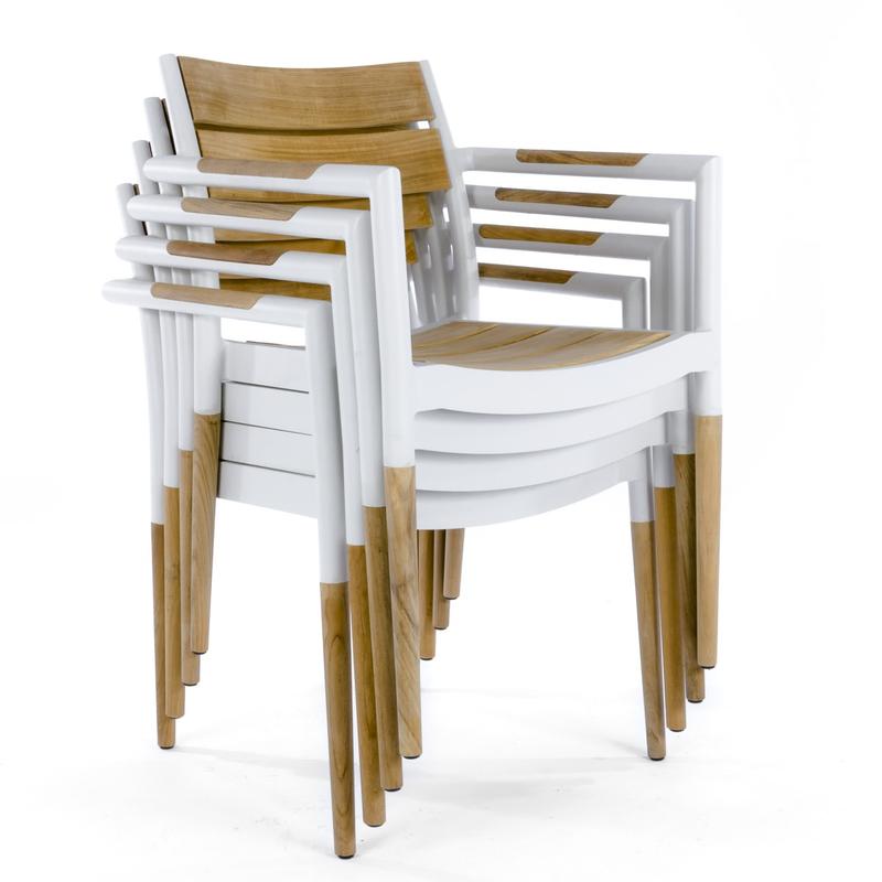 alt="70448 Bloom aluminum and teak dining chair in Marine finish stacked 4 high angled front view on white background"