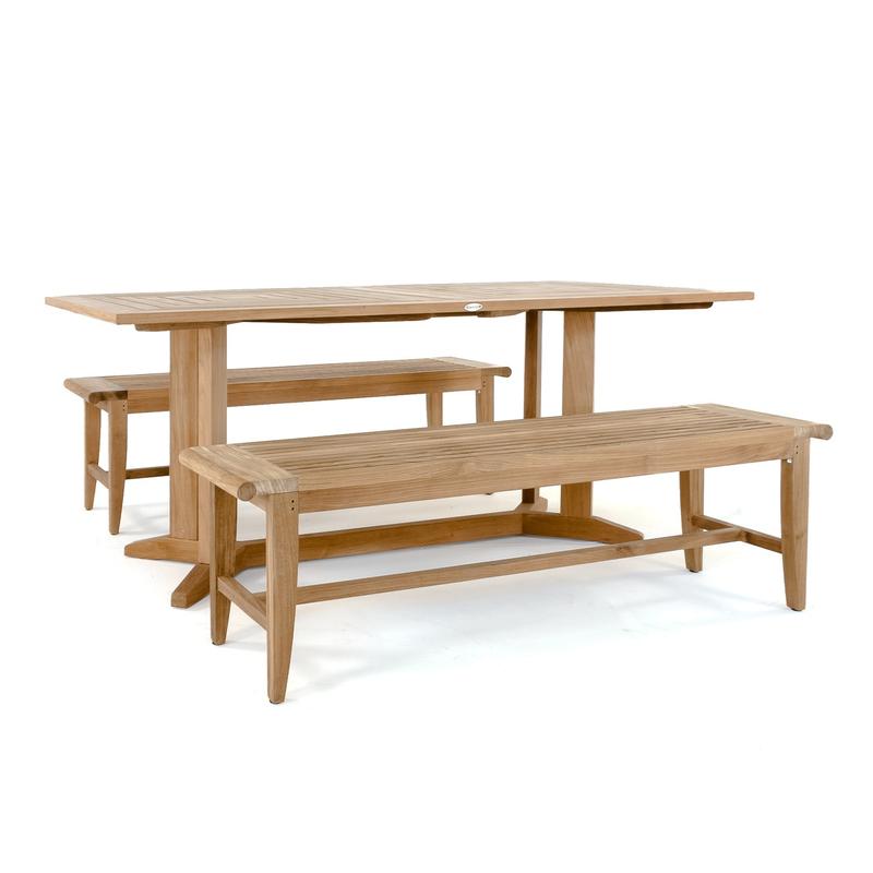 alt="70427 Pyramid Laguna Teak Picnic Table Set of Pyramid Teak Rectangular Dining Table and 2 Laguna Teak 6 ft Benches angled side view on white background"