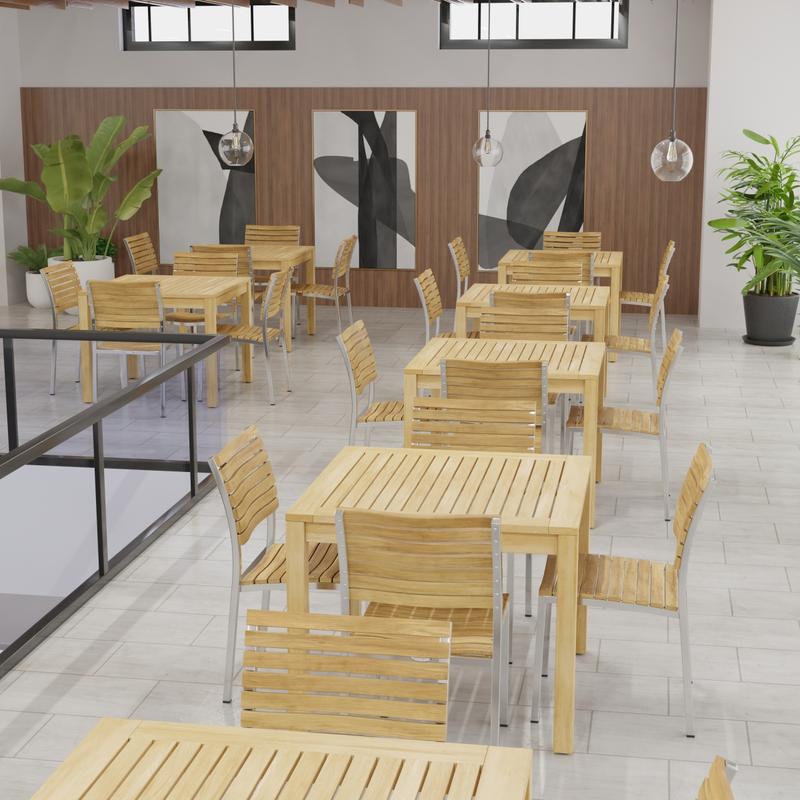 alt="70426 Vogue 5 piece Cafe Set with 10 sets in aerial view with 3 paintings and pendent lights and windows and potted plants in background"
