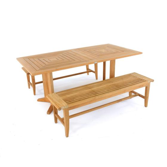 70427 Pyramid Laguna Teak Picnic Table Set of Pyramid Teak Rectangular Dining Table and 2 Laguna Teak 6 ft Benches angled aerial view on white background