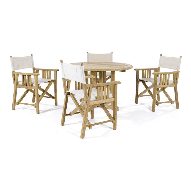 alt="70001 Barbuda 5 piece teak Director Chair Set showing a Barbuda Folding Table and 4 Director Chairs in side angled view on white background"