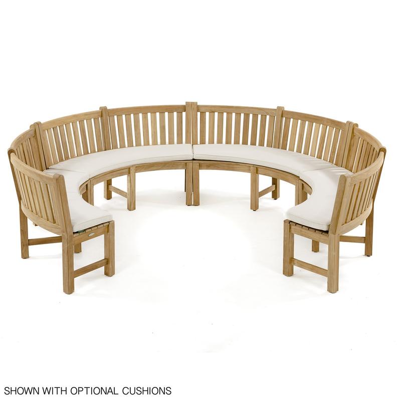 alt=" 70862 Buckingham teak 6ft curved bench set of 4 together in 3 quarter circle with optional seat cushions on white background"