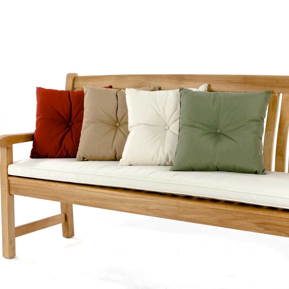 71000MTO Solid Color Throw Pillow showing 4 in standard colors of canvas heather beige stone green and terracotta on a cushioned teak bench with cushion on white background
