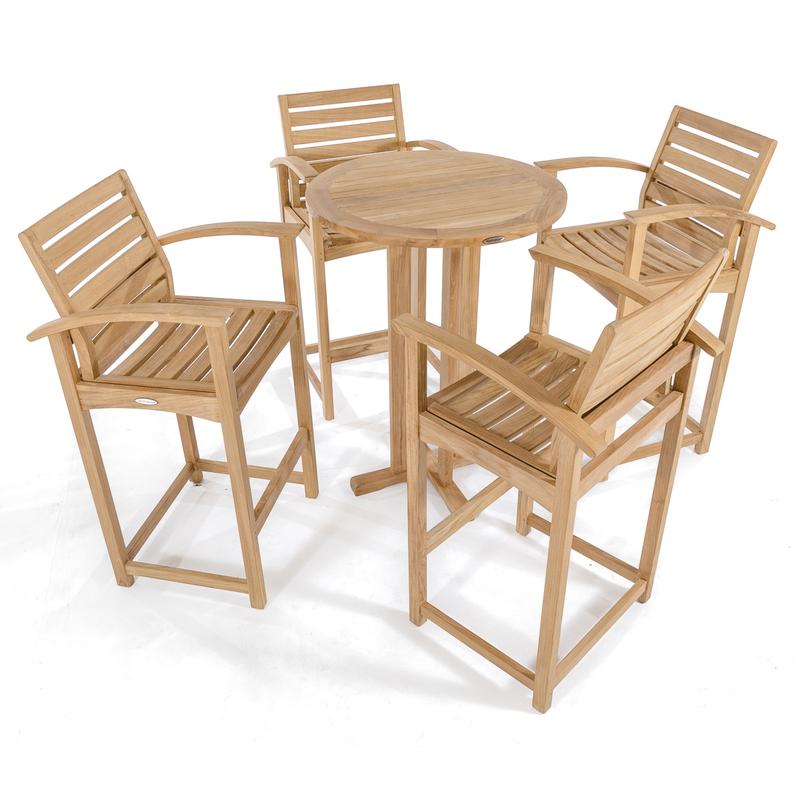 alt="70249 Somerset 5 piece Bistro Bar Set of 4 teak barstools and a round 30 inch diameter bar table aerial view on white background"