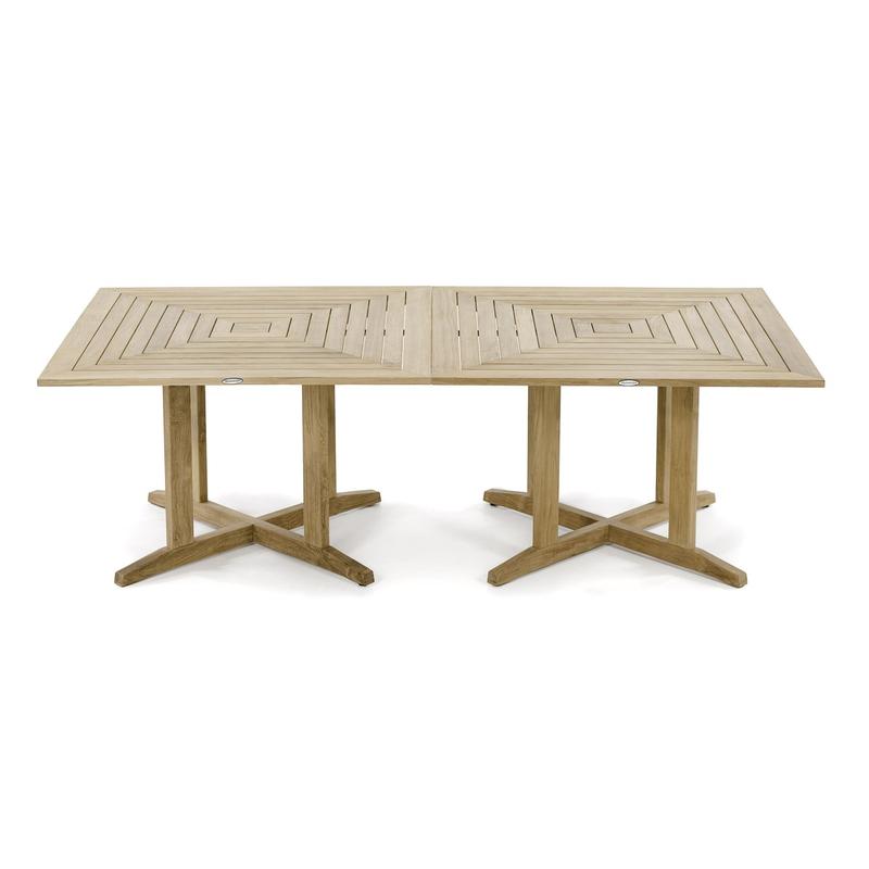 alt="15823 Pyramid Teak 48 inch Square Dining Table showing two together on white background"
