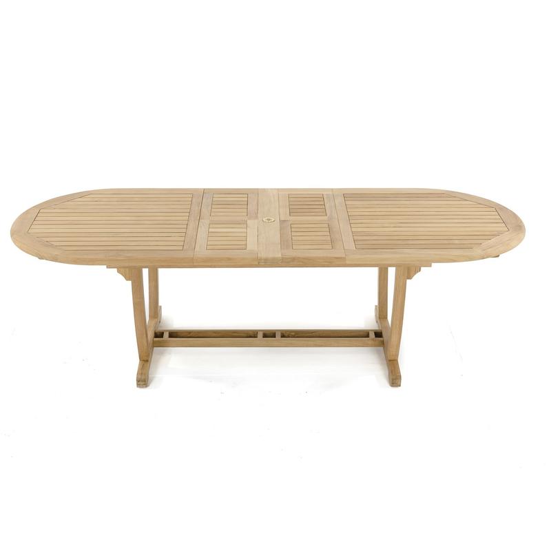 alt="70163 Montserrat teak oval dining table side angled on white background"