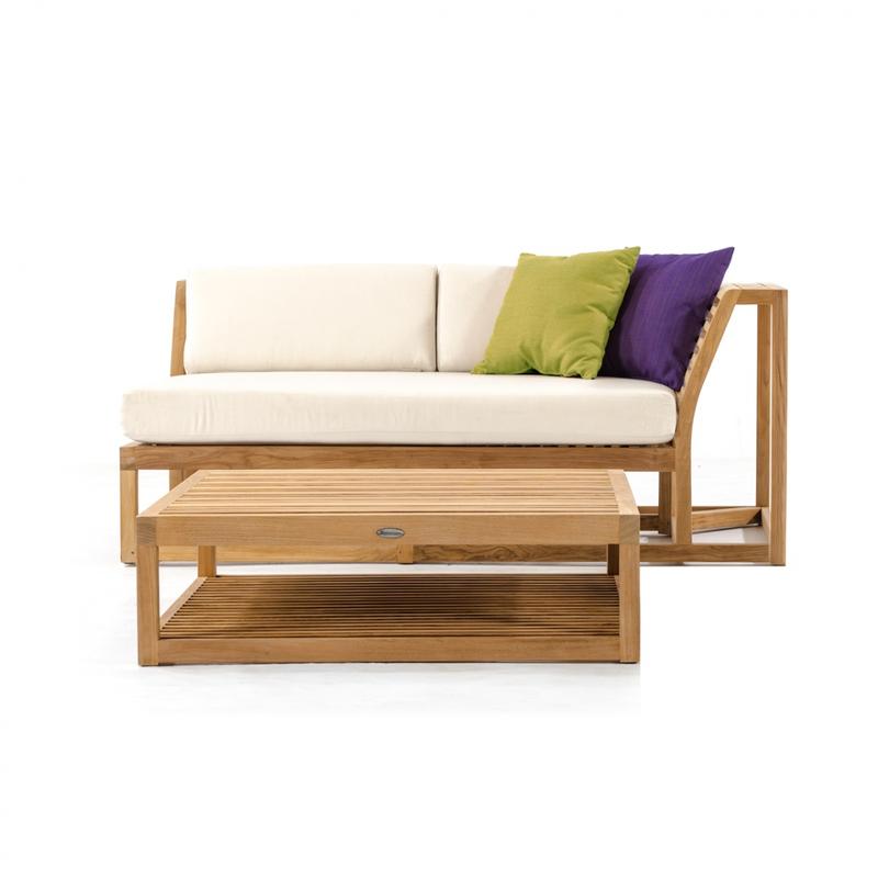 alt="13801RFDP Maya teak Left Side Sectional with canvas colored cushion and two throw pillows and teak ottoman coffee table front view on white background"