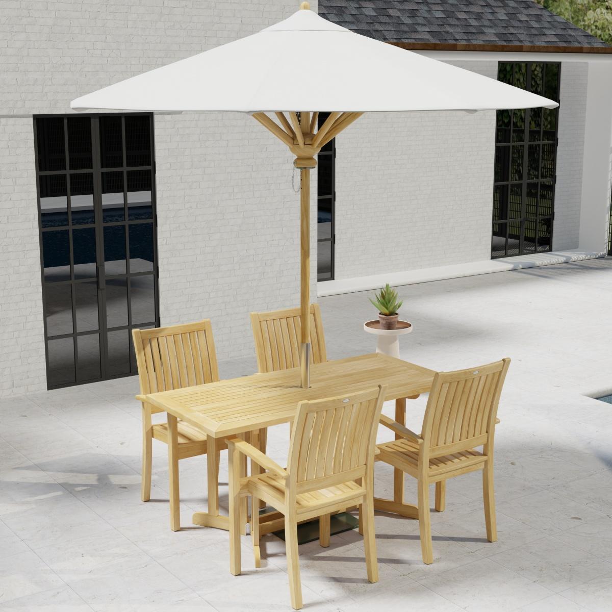 70607 Sussex Nevis 5 pc Dining Set with optional umbrella on patio in an angled aerial view with windows of house in background