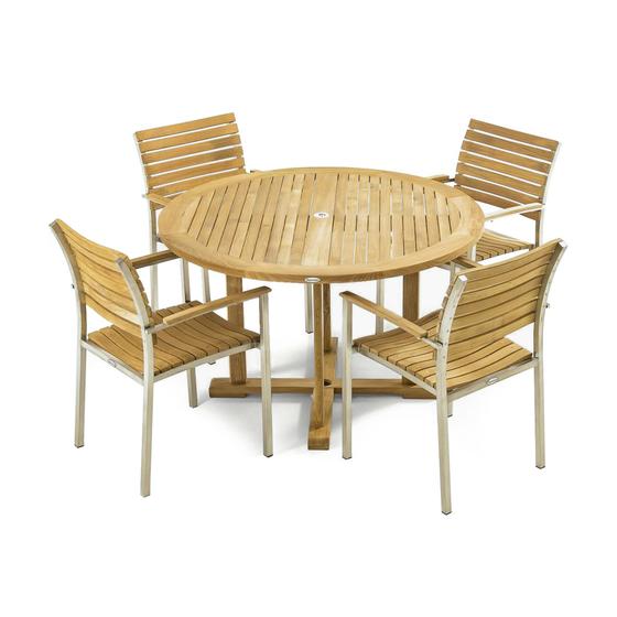 70491 Vogue 48 inch Dining Set of Round 48 inch teak Table and 4 Vogue Teak and Stainless Steel Armchairs angled top view on a white background 