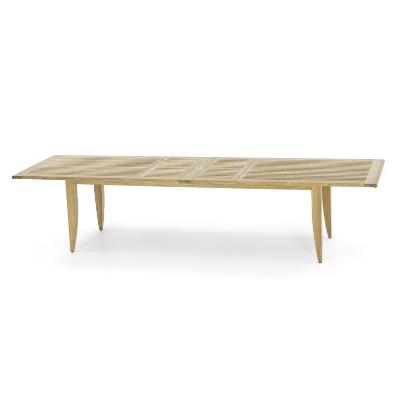 alt="15978 Grand Laguna teak rectangular 11 foot extendable dining table side angled view on white background"