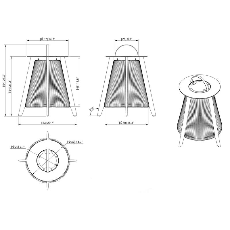 alt="45101 Luna Large Lantern showing autocad of top view and side views and angled top view on white background"