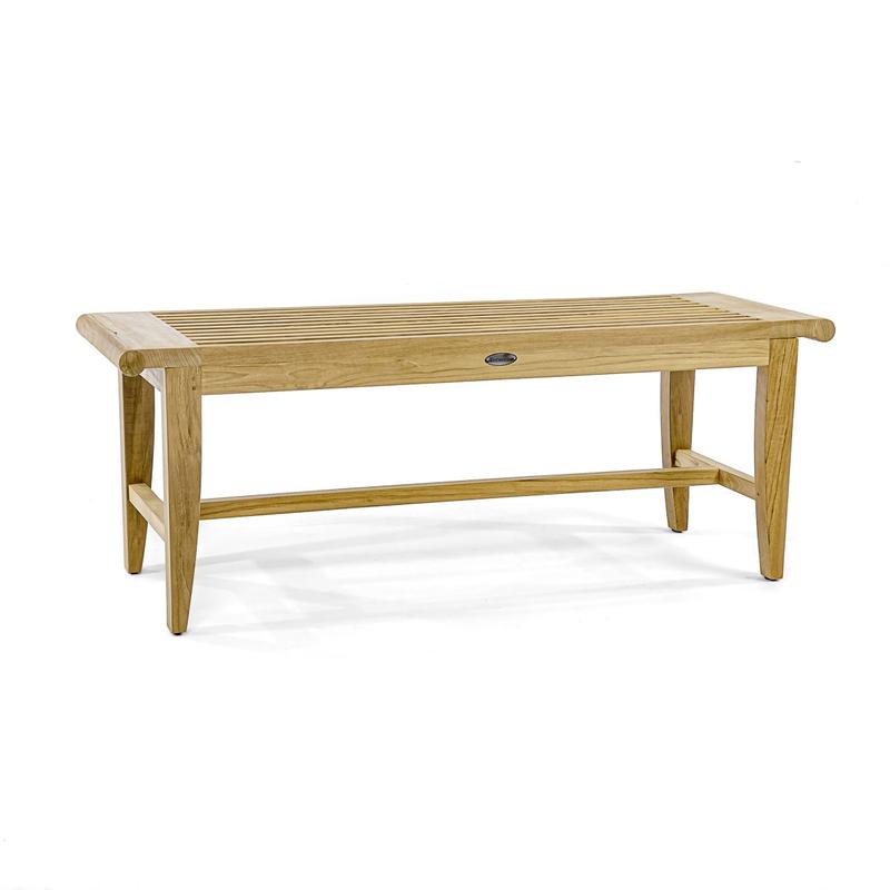 alt="13915 Laguna 4 foot long teak Backless Bench angled side view on white background"