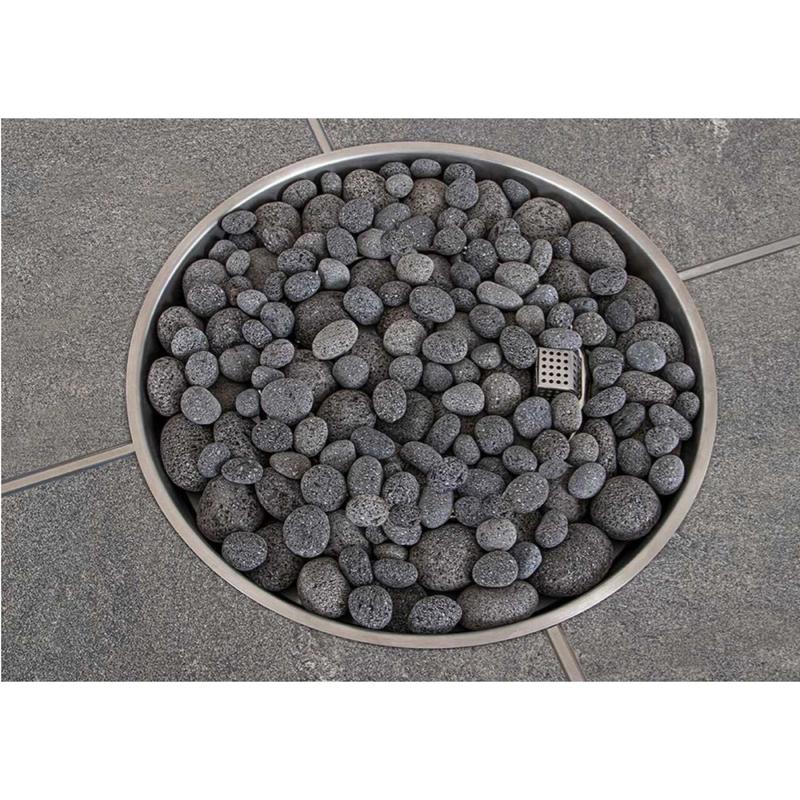 alt="Agora Fire Table round 40 inch showing top closeup view of the aluminum and stainless steel  fire bowl with lava rocks in center on white background "