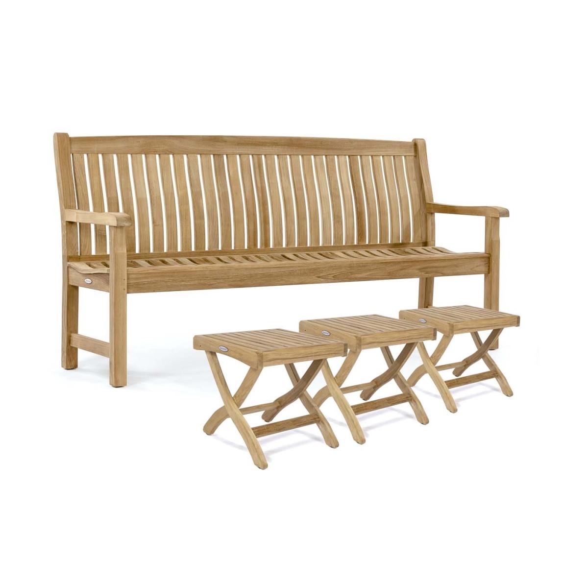 70858 Veranda 5 foot Bench and Ottoman Set showing 3 Folding Barbuda Teak Ottoman Side Tables and Teak 5 foot long Bench on white background