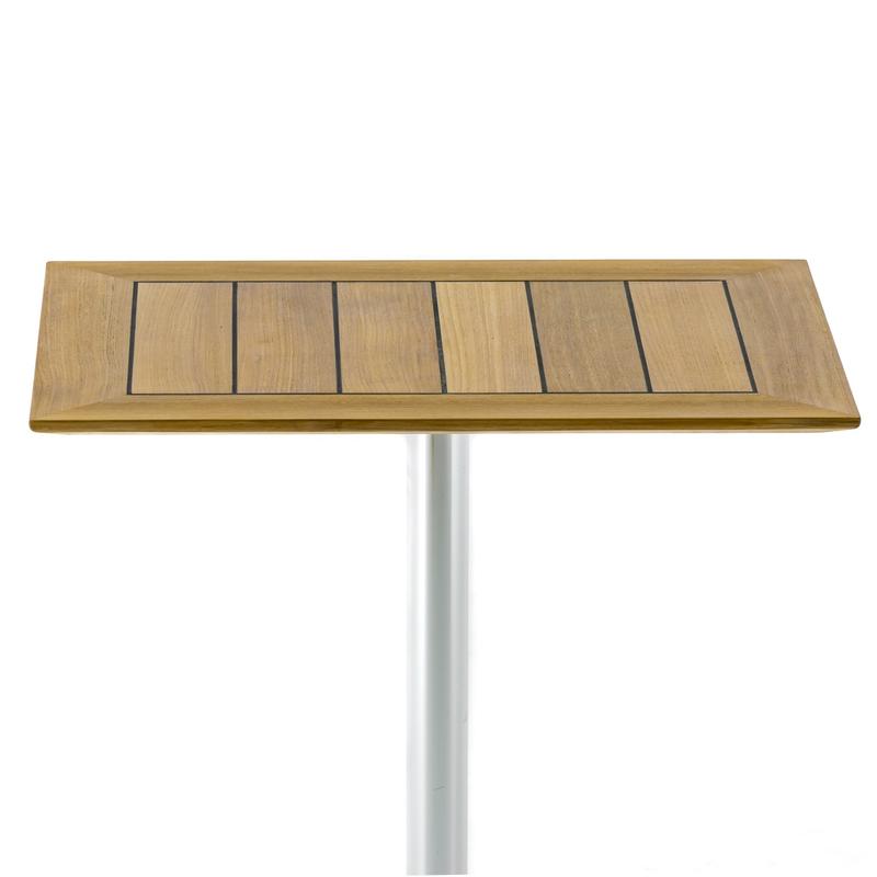 alt="70669 Vogue teak and stainless steel table side view on white background"