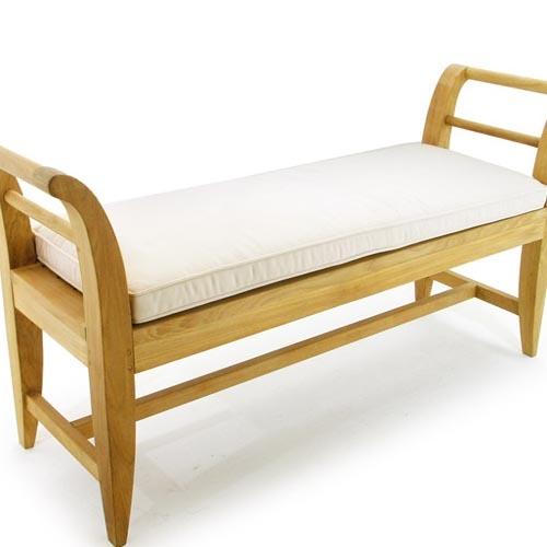 72390 Aman Dais Bench Canvas Colored Cushion on a Aman Dais teak wood bench on white background