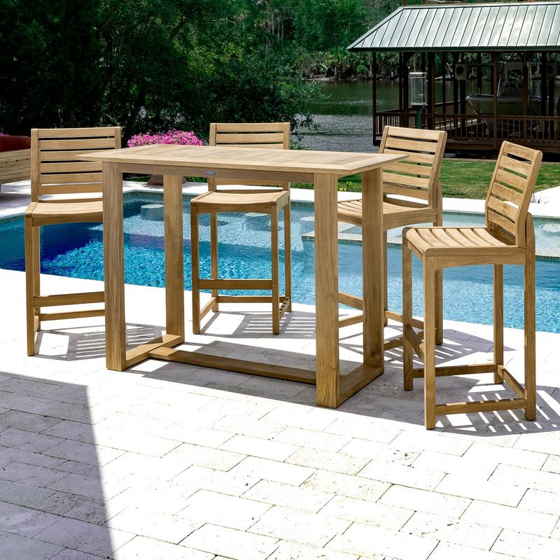 alt="70512 Somerset 5 piece teak Barstool and Bar Set with 4 barstools in front of pool facing table with flowering plants screened porch by lake and trees in background"