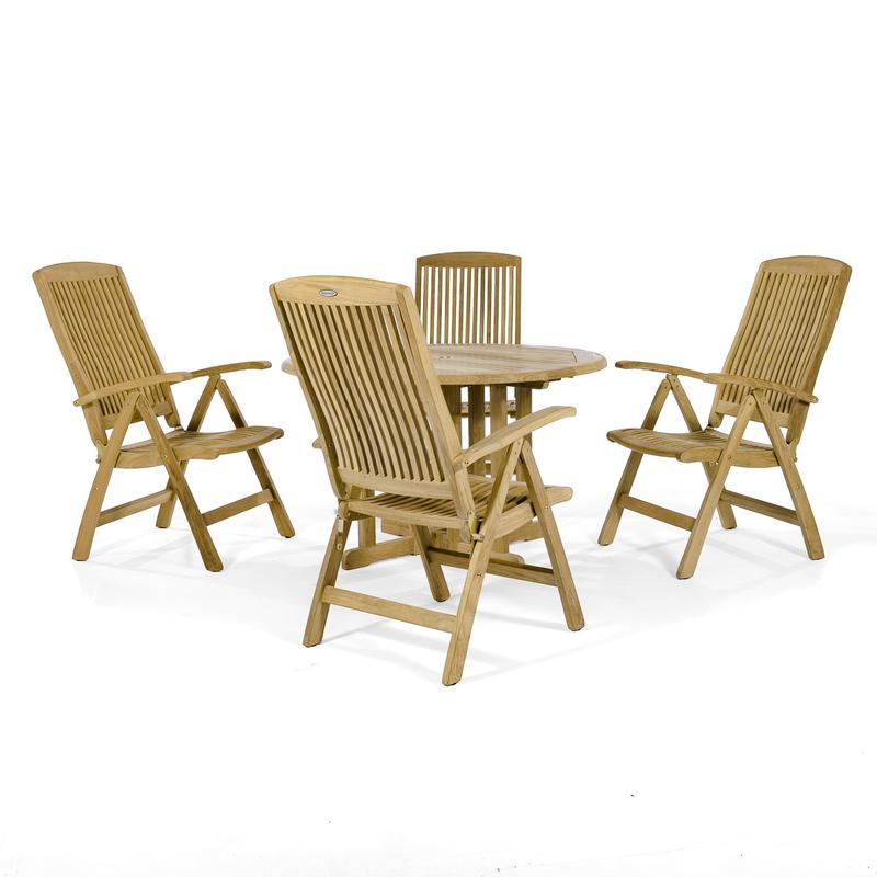 alt="70028 Barbuda Reclining 5 piece teak round Dining Set side view on white background"