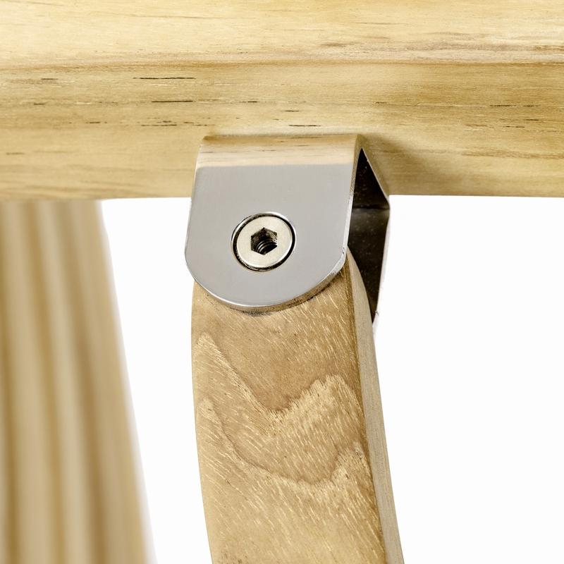 alt="12602S Barbuda teak Armchair showing closeup view of chair folding mechanism on white background"