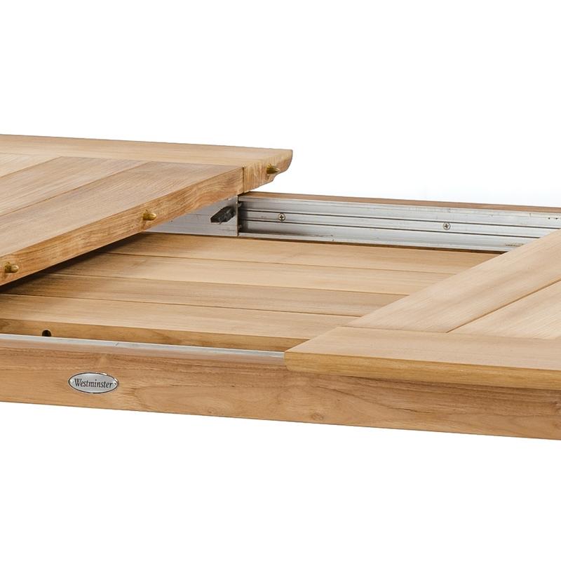alt="15900 Horizon teak rectangular dining table showing butterfly leaf in table storage on white background"