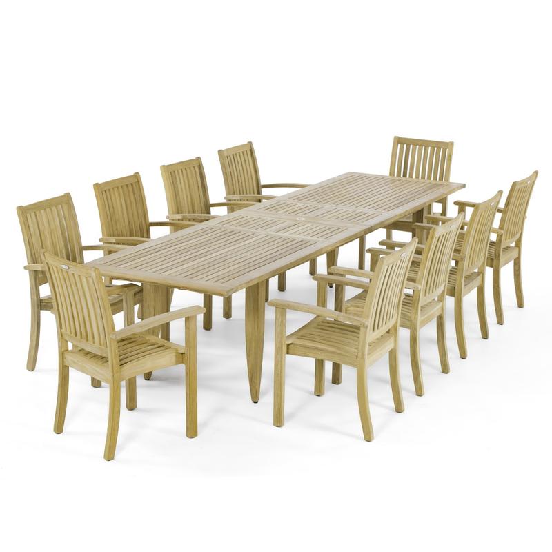 alt="70772 Laguna Sussex 11 piece Teak Dining Set of 10 Sussex stacking chairs and Rectangular Teak Dining Table on white background"