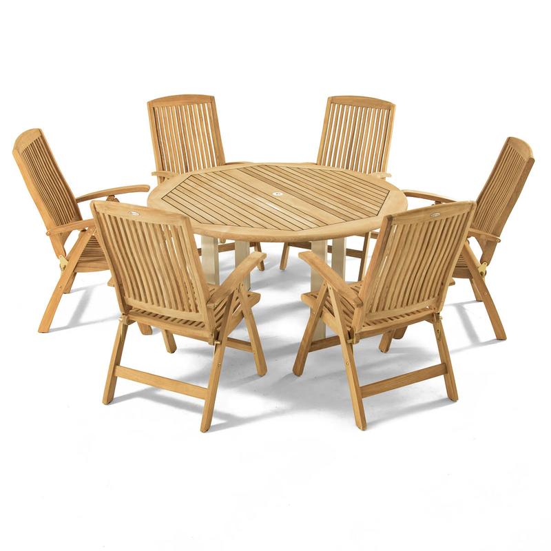alt="70480 Vogue Reclining Dining Set for 6 showing a Vogue 60 inch Round Teak Table and 6 Barbuda Reclining Chairs on white background"