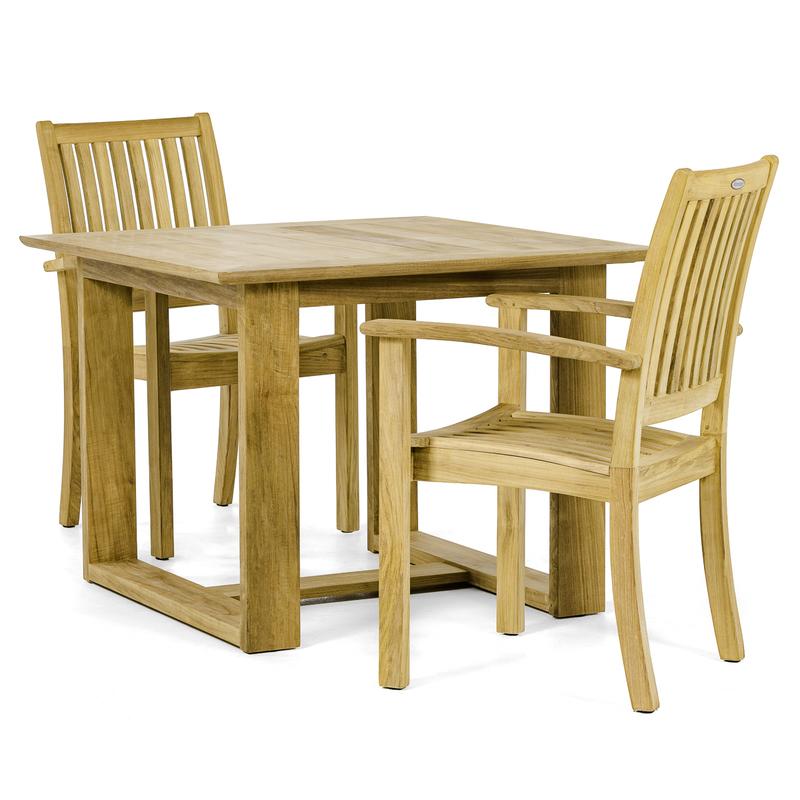 alt="70583 Horizon Sussex 3 piece teak Dining Set of Horizon teak 39 inch square dining table and 2 Sussex teak dining chairs angled view on white background"
