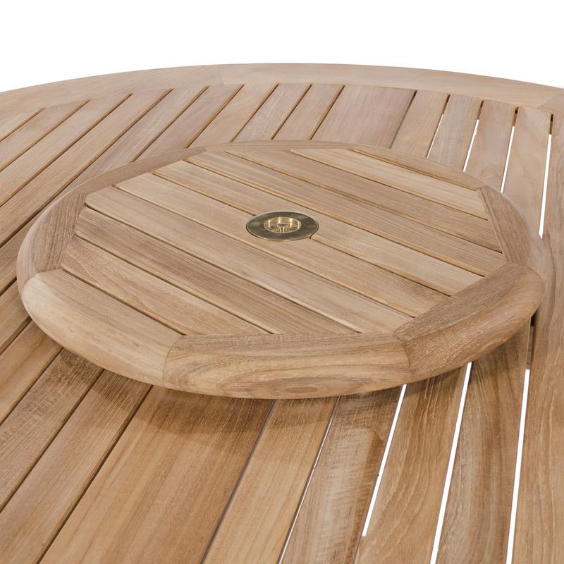 alt="18700 teak umbrella lazy susan with two wine bottles on round table set with four plates and wine glasses with house windows and door in background"