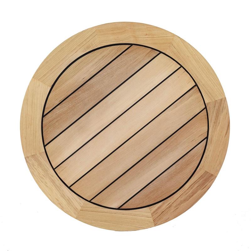 alt="15762 Vogue 48 inch diameter Round Table Top with sikaflex sealant between teak slats on white background"