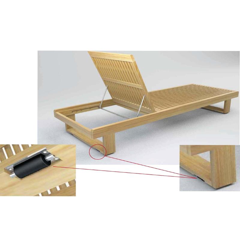 alt="16773 Horizon Teak Chaise Lounger with the back in upright position back angled view showing closeup of wheels on lounger bottom on a white background"