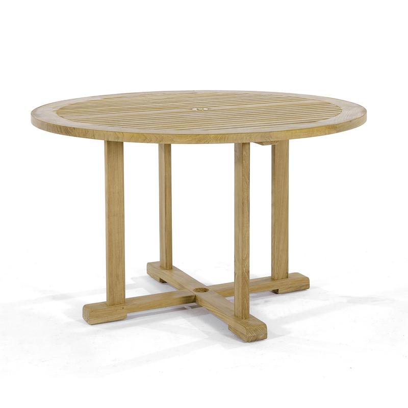 alt="70482 Laguna teak 4 foot round dining table angled side view on white background"