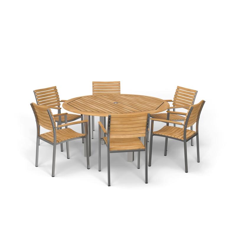 alt="70442 Vogue Teak 7 pc Dining Set showing Vogue 60 inch Round Dining Table and 6 Dining Chairs in angled top view on white background "